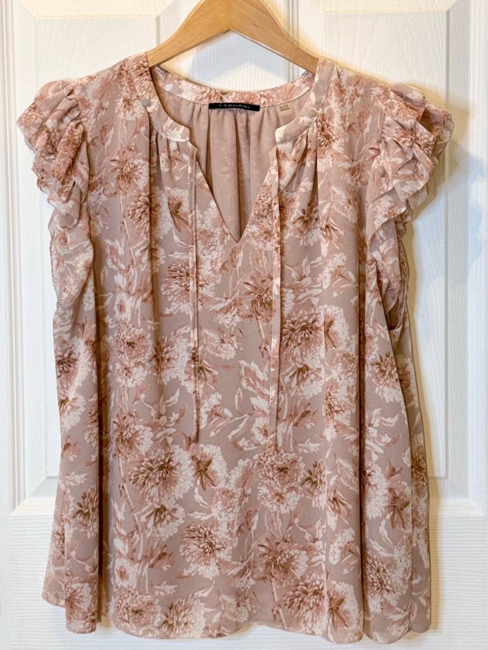 T by Tahari Women’s Pink Cream Floral Tie Front Ruffle Cal Sleeve Blouse Size XL